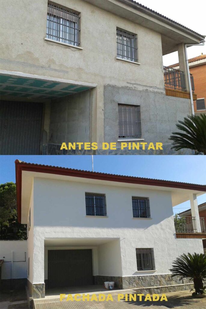 Fachada antes y después de ser pintada por Pintores Granollers